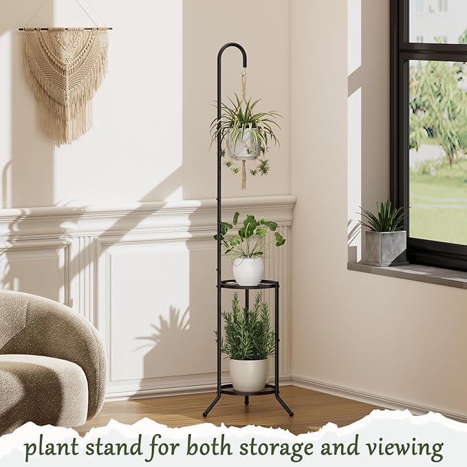 2-tier Hanging Plant Stand Indoor and Outdoor, Space-Saving Iron Plant Shelf, 3 Potted Flower Pot Stand ,Planter Holder for Bedroom Balcony Living Room Patio Garden(Hook Style)