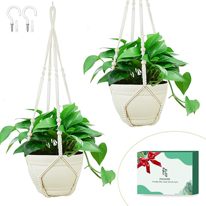 FGSAEOR Macrame Plant Holder Indoor Outdoor, Hanging 3-15 inch Pot, Bearing 20lb Planters, DIY Handmade Hanging Planter Basket, 35-Inch Extra Long Strong Boho Home Décor (2-Pack) (Ivory)