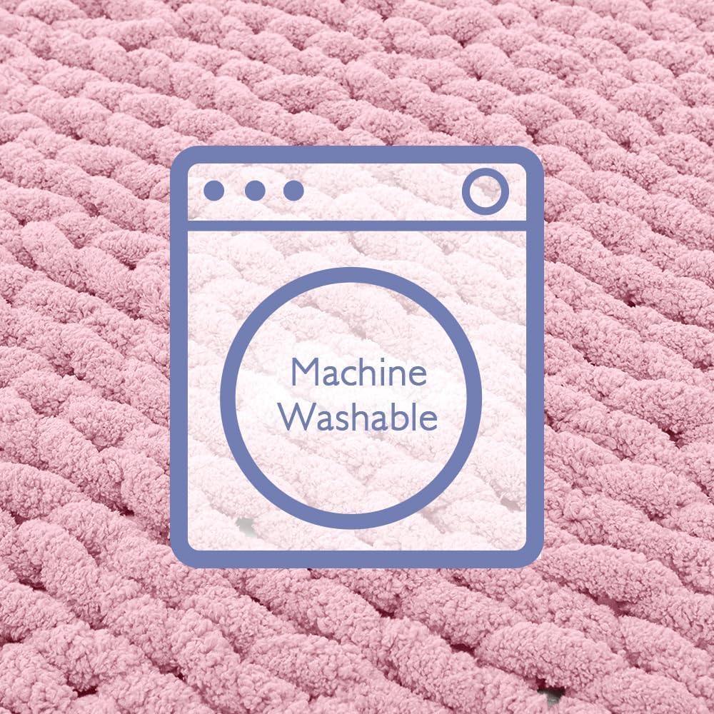 Bigacogo Chunky Knit Throw Blanket for Couch, 40x40 inches, 100% Hand Knitted with Thick Jumbo Chenille Yarn, Cozy Soft Large Rope Knot Cable Crochet Blankets for Sofa Bed Living Room, Blush Pink