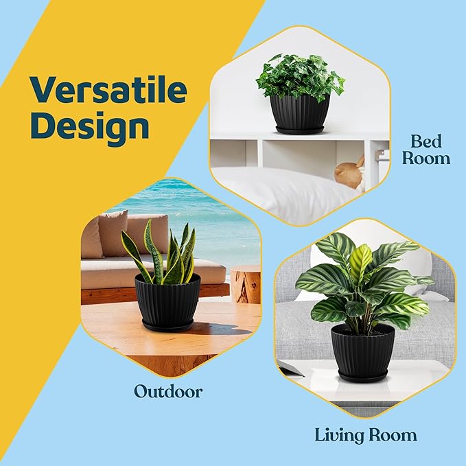 Black 6-Inch Plant Pots with Drainage & Saucers 12 Pack, Indoor & Outdoor Planters for Houseplants, Herbs, and Flowers, Durable & Weatherproof Material, Stackable, Lightweight, Minimalist Design