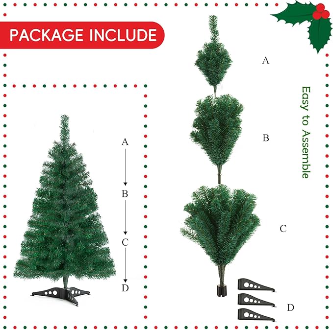 3FT Artificial Christmas Tree with Lights Green Mini Tabletop Christmas Tree with Plastic Stand and Tree Topper Lighted Battery Operated Mini Xmas Pine Tree for Indoor Outdoor Holiday Home Decoration