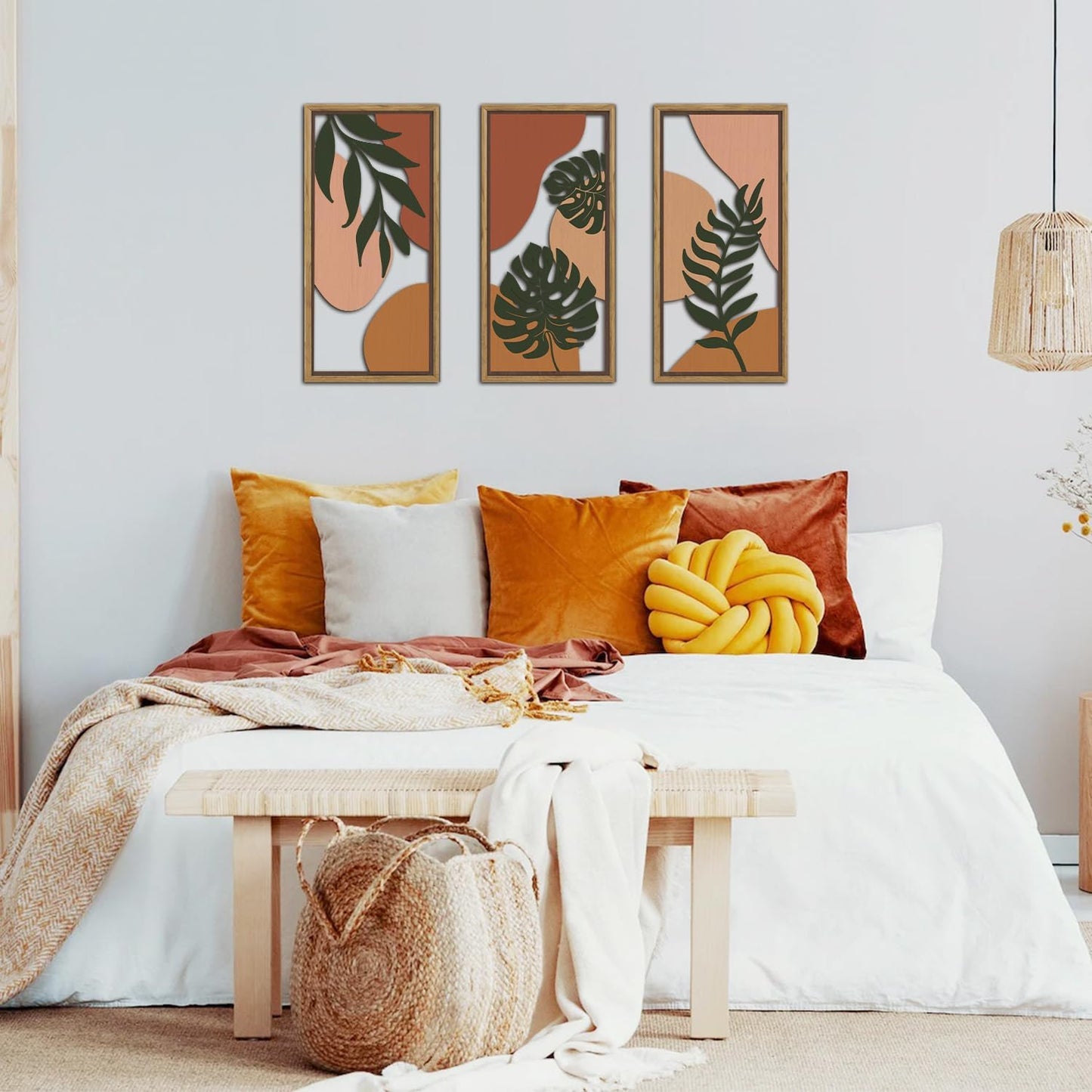 KAIRNE Boho Tropical Wooden Wall Art Set,Botanical Palm Leaf Wood Decor,Farmhouse Geometric Hanging Decor Set of 3(8X16),Framed Minimalist Nature Bohemian Wood Art For Living Room Bedroom Office Decoration,