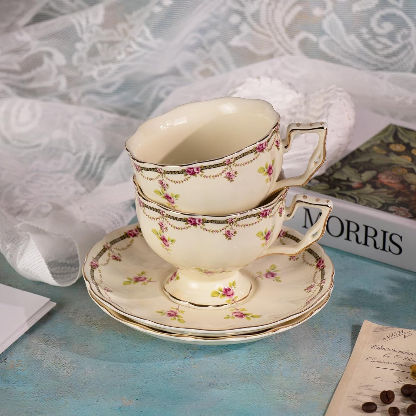 KAMMAK Tea Cups and Saucers Set of 2, Porcelain, 7.8-Ounce | Stackable Espresso Mugs | Imperial Court Collection | Ceramic Demitasse | For Coffee, Latte, Americano, Tea