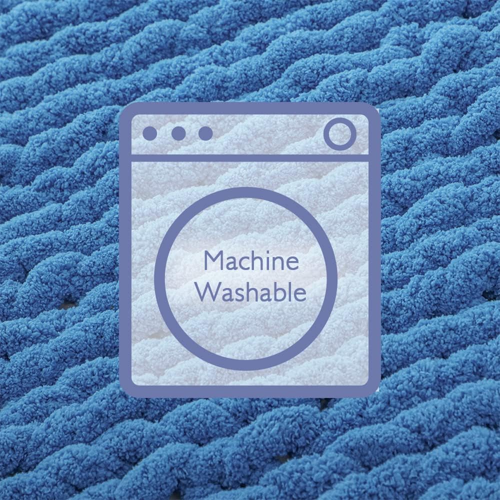 Bigacogo Chunky Knit Throw Blanket for Couch, 40x60 inches, 100% Hand Knitted with Thick Jumbo Chenille Yarn, Cozy Soft Large Rope Knot Cable Crochet Blankets for Sofa Bed Living Room, Bright Blue