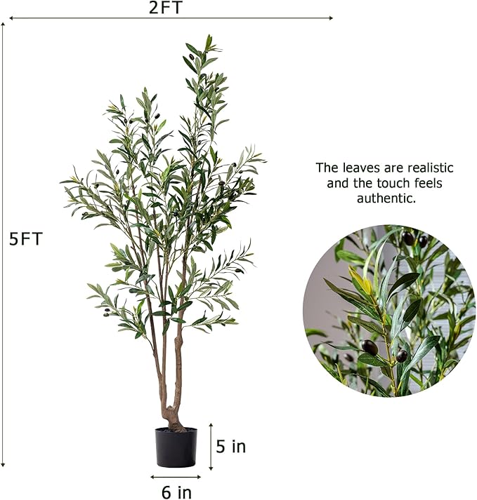 5FT Artificial Olive Tree Tall Faux Silk Plant Tall Faux Olive Tree with Natural Wood Trunk & Lifelike Fruits Fake Potted Tree or Home Office Decor