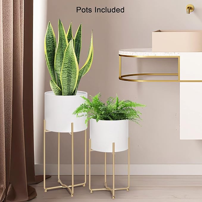 Floor Standing White Planters with Gold Stands for Indoor Plants, Large Metal Plant Pots Set of 3, Tall Planters for Mid Century Modern Living Room, Corner, Patio (Diameter 9/8/7 inches)