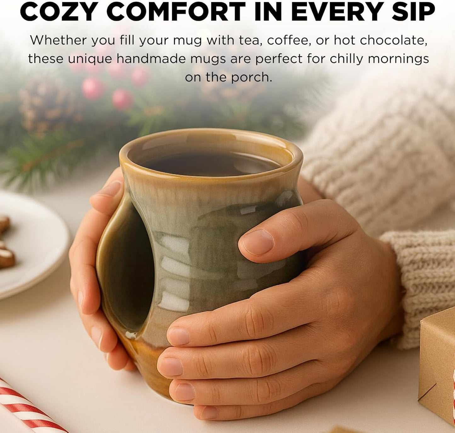 Hand Warmer Mug, Handmade Pottery Ceramic and Hand Painted - The Contoured Pocket will Hold Warmth From The Heat Of Your Drink To Keep Your Fingers Warm, Comfy Handwarmer (Desert Green) (Left hand)