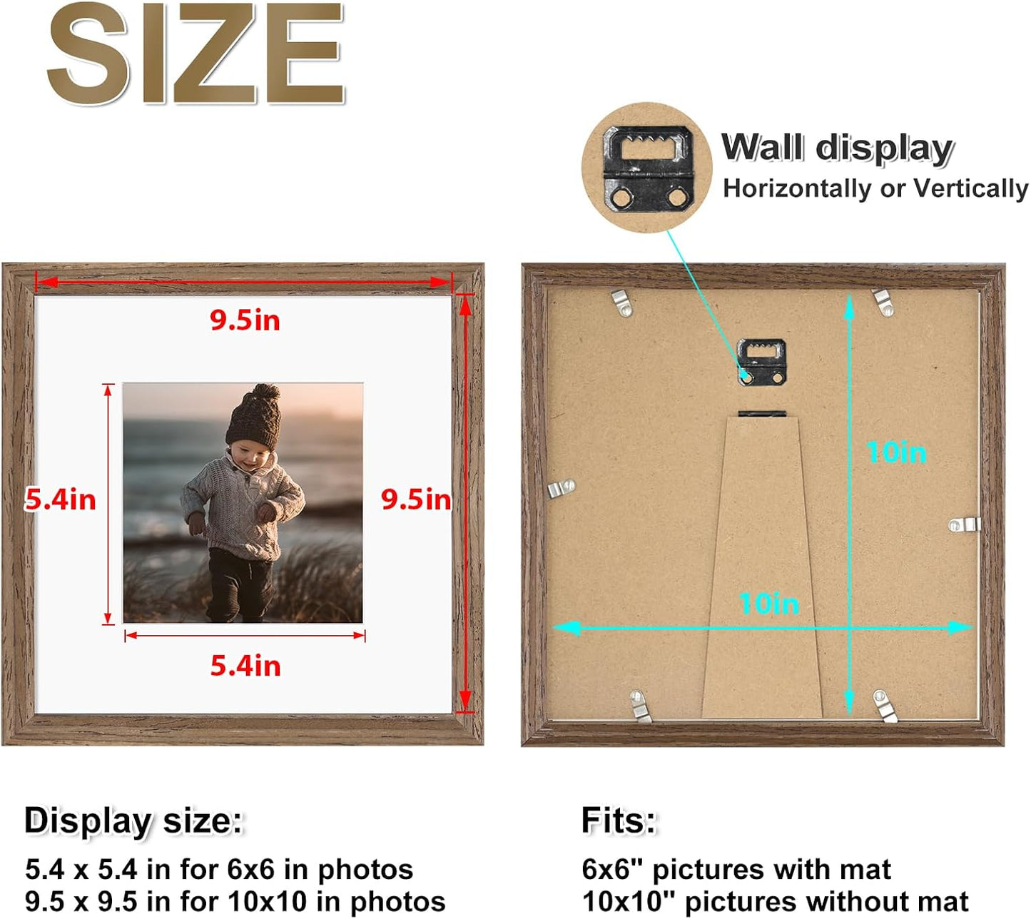 KINLINK 10x10 Picture Frame, Brown Square Solid Wood Frames for Pictures 6x6 with Mat or 10x10 without Mat, Wall and Tabletop Display Photo Frames Brown Wood 4 Pack