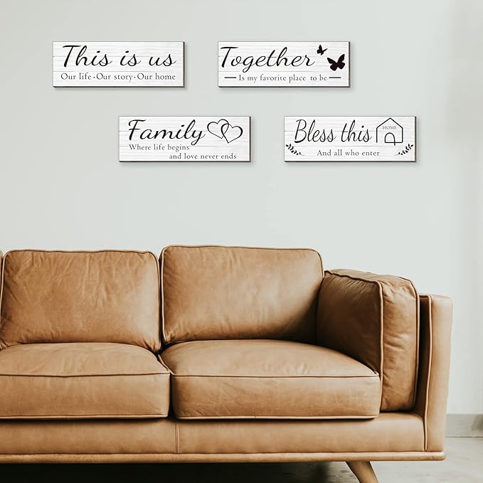 4 Pieces Wooden Home Wall Art Decor, Rustic, Farmhouse THIS IS US/TOGETHER/BLESS THIS HOME/FAMILY Decor Signs For Living Room Bedroom, 4.7 x 13.8 Inch(White)