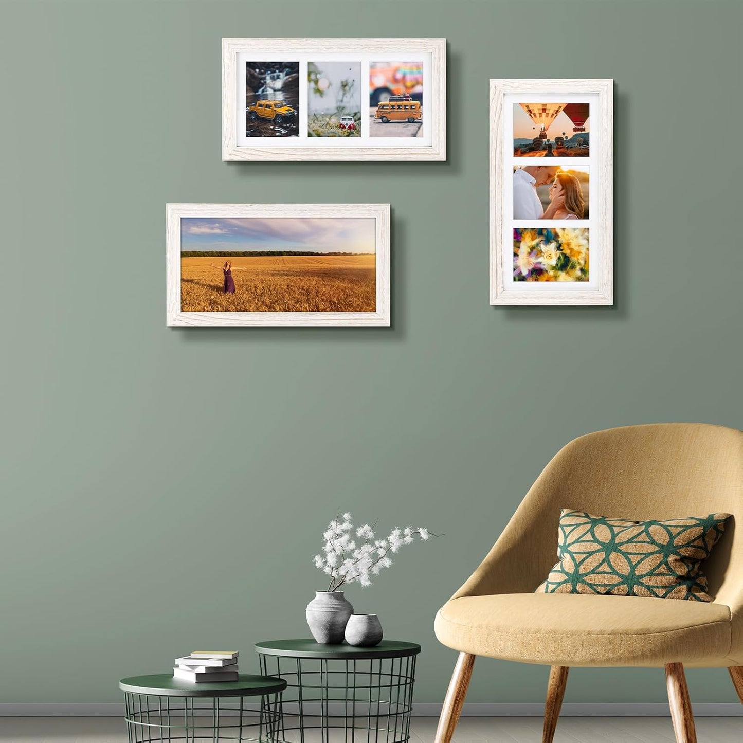 Golden State Art, Set of 10, 7x14 Distressed White Photo Wood Collage Frame with Mat Displays (3) 4"x6" Pictures