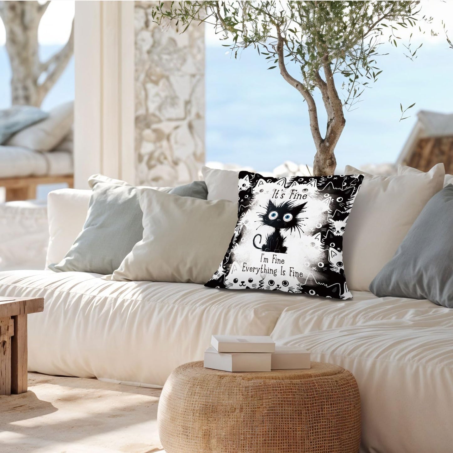 Funny Black Cat Pillow Covers 18x18, Black Cat Decor, It's Fine I'm Fine Everything is Fine Decorative Throw Pillow Covers Pillowcases for Bedroom Living Room Home Decor