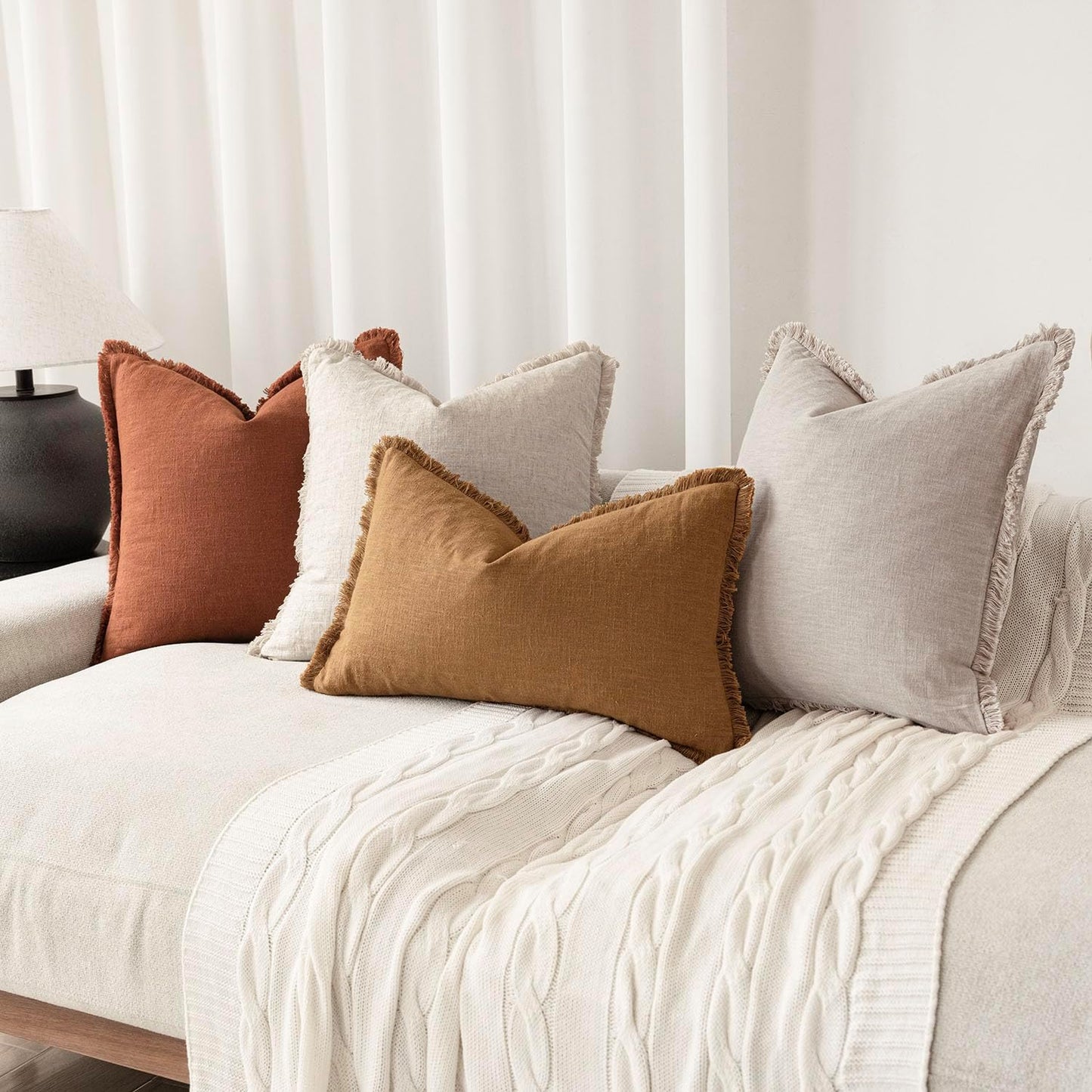 Foindtower Decorative Linen Fringe Throw Pillow Covers Boho Farmhouse Cushion Cover with Tassels Soft Accent Pillowcase for Chair Sofa Bed Living Room Home Decor, 18×18 Inch, 1PC,Fall Rust Orange