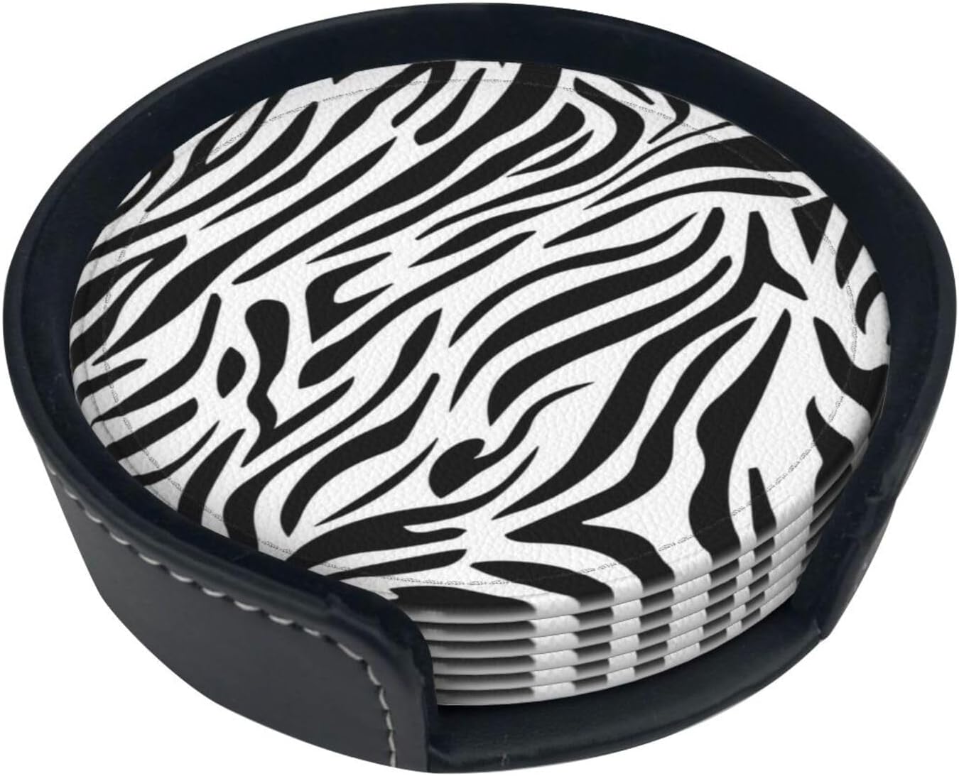 Drink Coasters with Holder Stand Set of 6, Zebra Stripes Print Pu Leather Absorbent Coasters with Cork Base Table Round Coaster for Housewarming Apartment Kitchen Bar Decor
