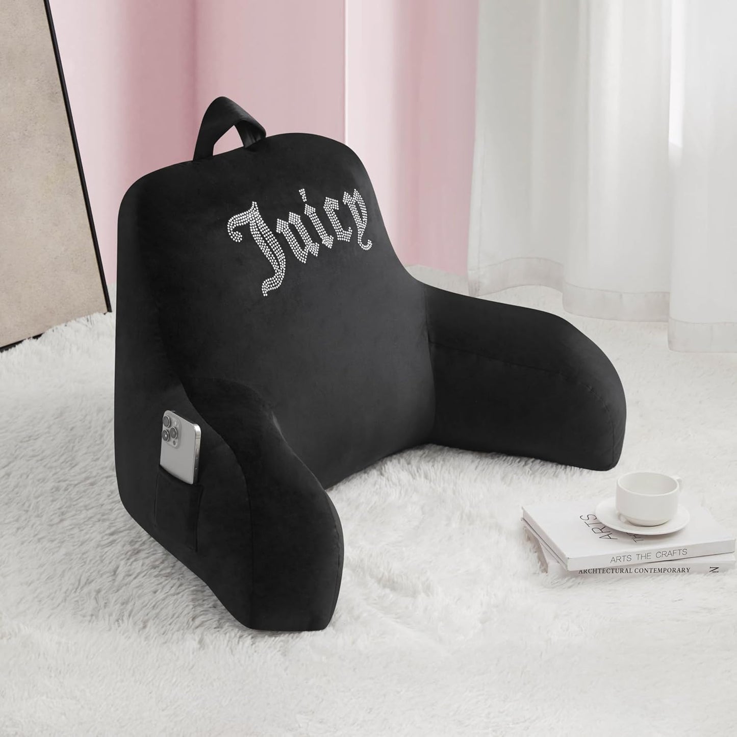 Juicy Couture Velour Backrest Pillow with Rhinestone Juicy Logo - 30"x17", Black Supportive Bed Rest Pillow for Reading, Gaming, or Relaxing