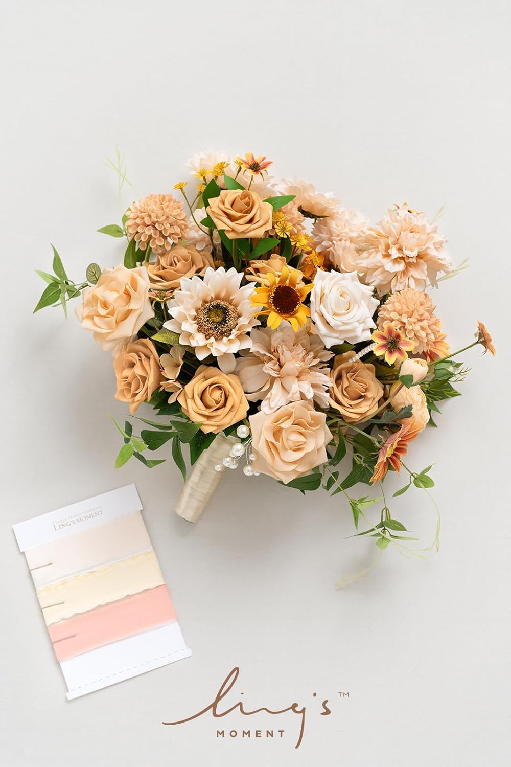 Ling's moment Sunflower Bridal Bouquet, Orange Wedding Bouquets for Bride, 15 Inch Silk Free Form Bridal Bouquets Artificial Wedding Flower Bouquet