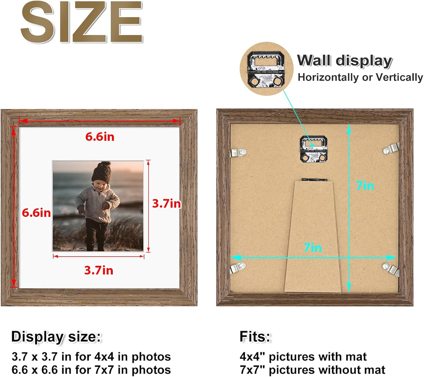 KINLINK 7x7 Picture Frame, Brown Square Solid Wood Frames for Pictures 4x4 with Mat or 7x7 without Mat, Wall and Tabletop Display Photo Frames Brown Wood 4 Pack