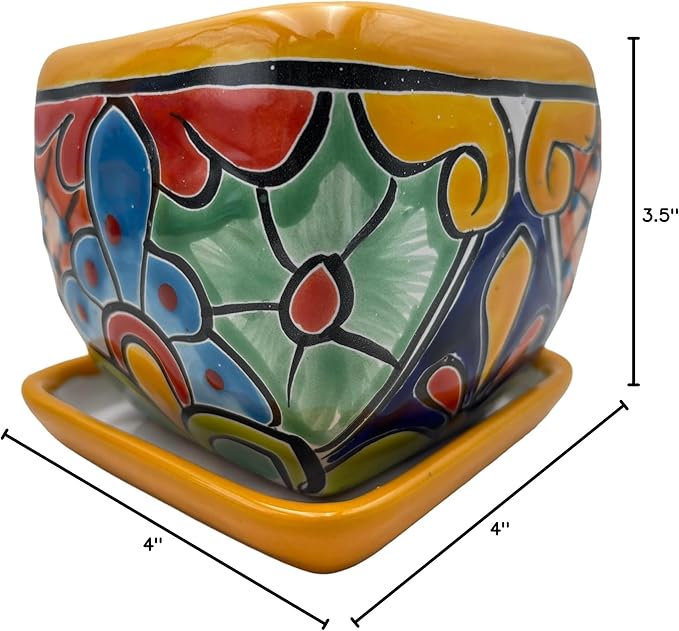 Talavera Square Planter Pot w/Saucer Folk Art Multicolor Mexican Pottery Home Decor Hand Painted Handmade Indoor Outdoor (Multi 9)