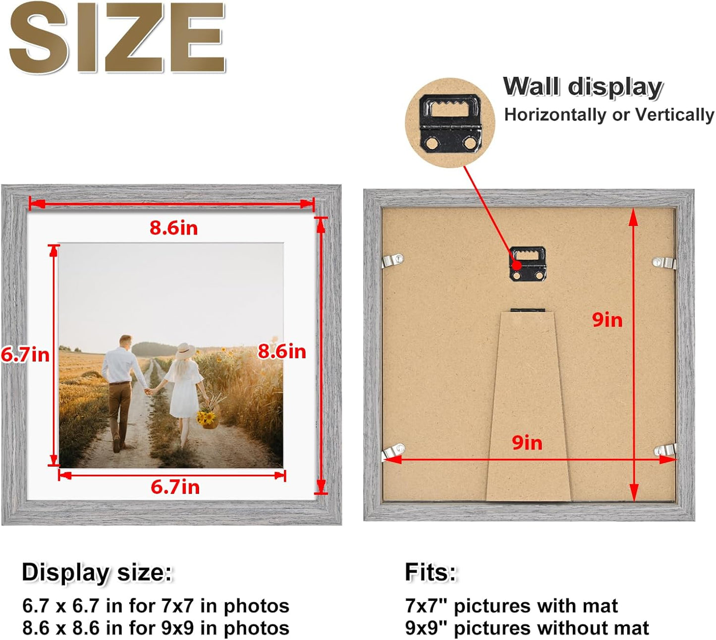 KINLINK 9x9 Picture Frame, Grey Square Solid Wood Frames for Pictures 6x6 with Mat or 9x9 without Mat, Wall and Tabletop Display Photo Frames Grey Wood 4 Pack