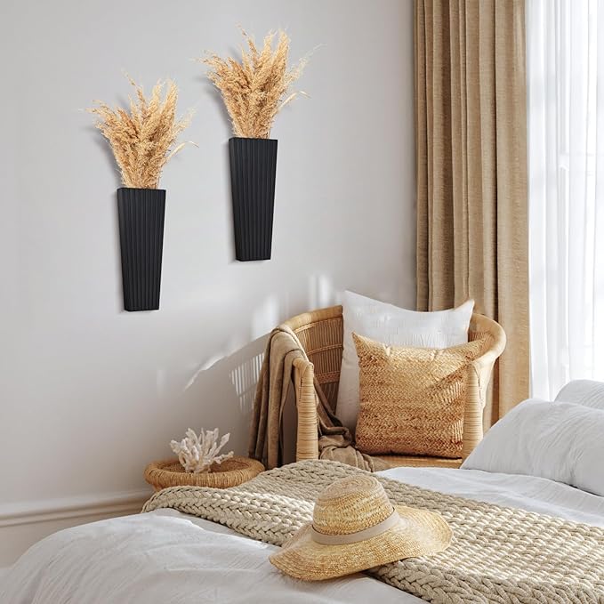 2PCS Wood Wall Planter for Indoor Plants, Wooden Hanging Planter for Dried Flowers and Artificial Greenery Plants,Modern Farmhouse Wood Wall Decor for Living Room,Bedroom,Bathroom(Black)