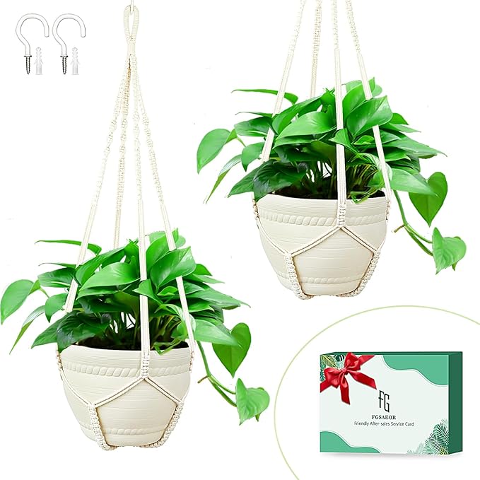 FGSAEOR Plant Basket Indoor Outdoor, Hanging 3-15 inch Pot, Bearing 20lb Planters, Macrame Hanging Planter Holder, 35-Inch Extra Long Strong Boho Home Décor (2-Pack) (Ivory)