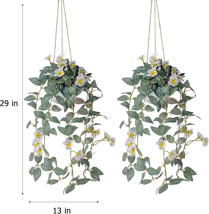 2PCS Artificial Hanging Plant with Pot Faux Hanging Plants Small Hanging Plants Pot with Artificial Vines and Flower Greenery Decoration for Living Room Wall Home Wall Shelf (White)