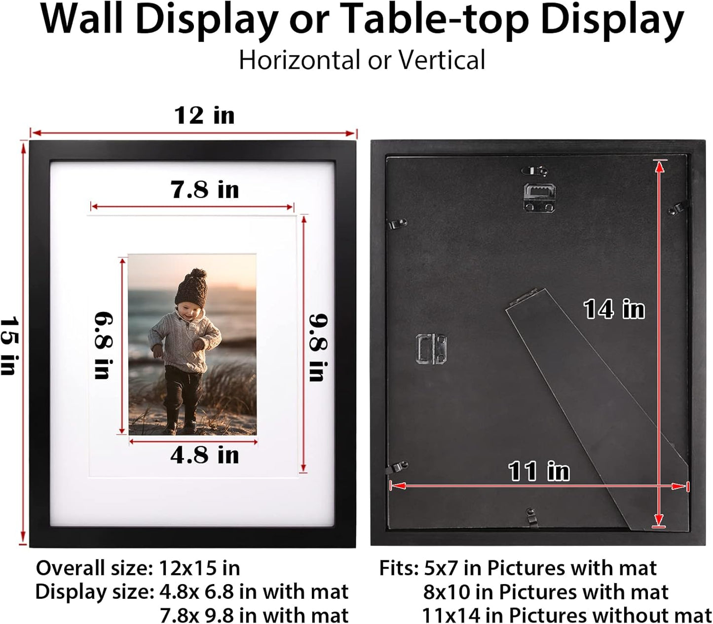 KINLINK 11x14 Picture Frame Black, Solid Wood Frames with Acrylic Plexiglass for Pictures 5x7/8x10 with Mat or 11x14 without Mat, Tabletop and Wall Display, Set of 4