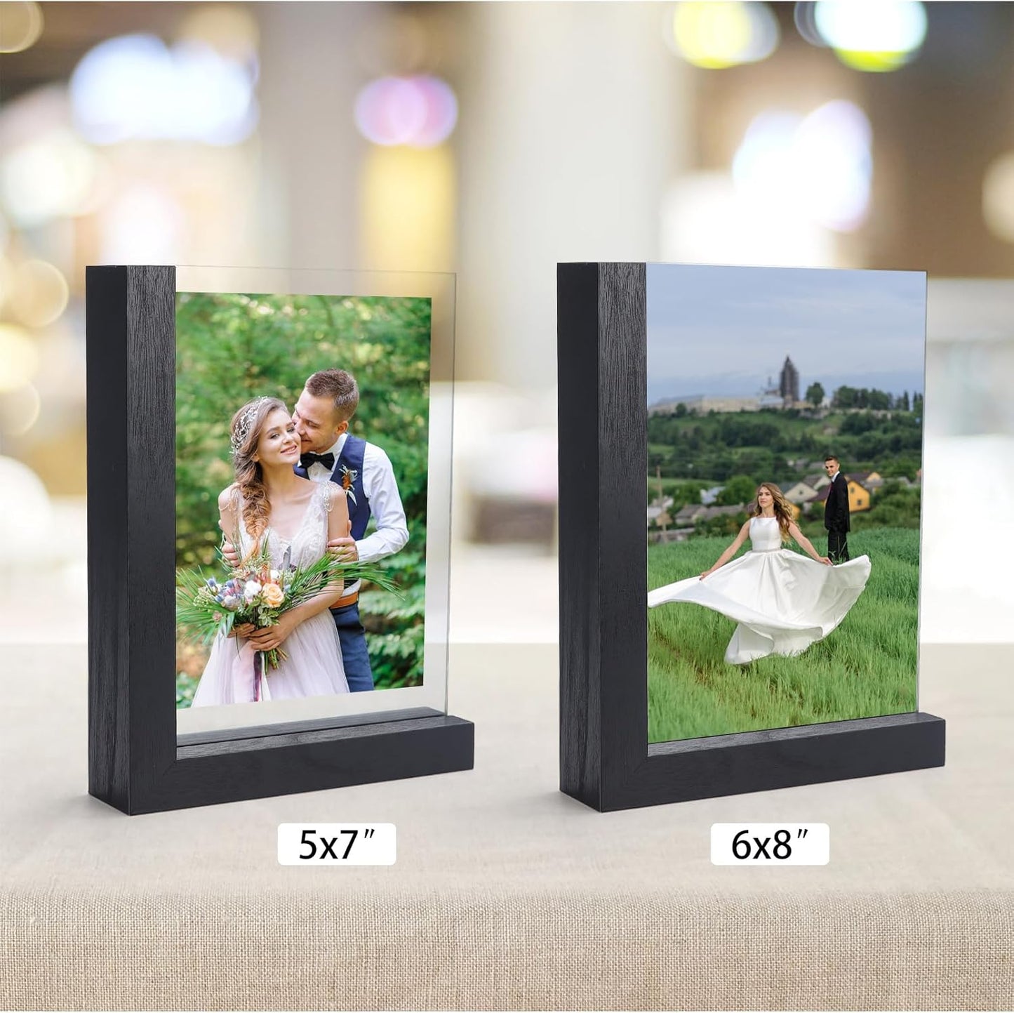 Lavezee 2 Pack 5x7 Picture Frames Made of Black Wooden L-shaped Base with Glass, Double Sided Display Photo Pictures 5 by 7 inch Vertical Horizontal for Tabletop Frame