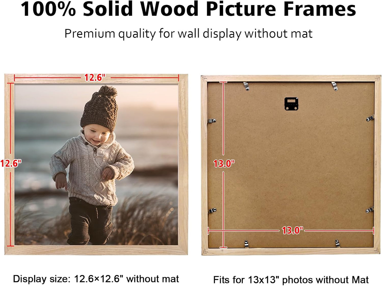 KINLINK 13x13 Picture Frame, Natural Square Solid Wood Frames for Pictures 13x13 without Mat and 12.5x12.5 Music Record Album, Wall Display Photo Frames Natural Wood 1 Pack