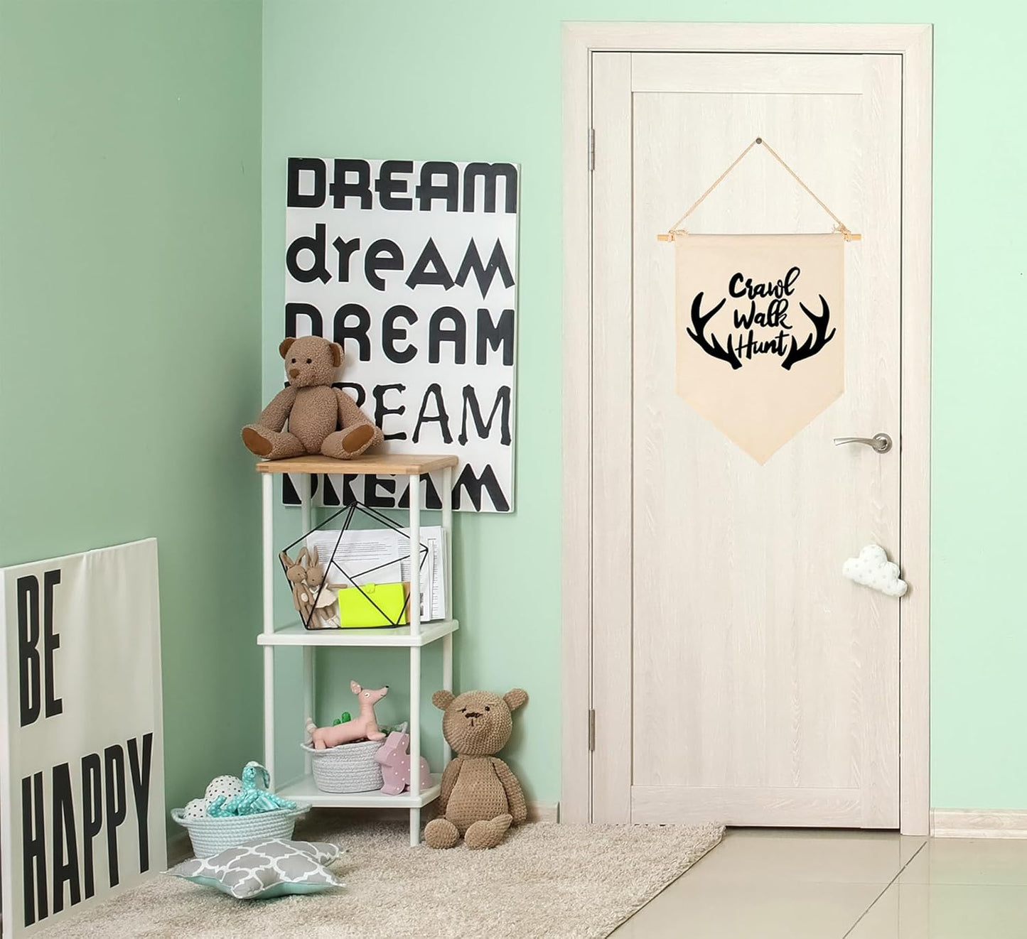 Crawl Walk Hunt,Woodland Deer-Flag Sign Gifts for Baby Newborn Boys Girls Kids-Banner Wall Decor Present for Nursery Bedroom Playroom Front Door-Baby Gift Shower-New Home Birthday Christmas Gift