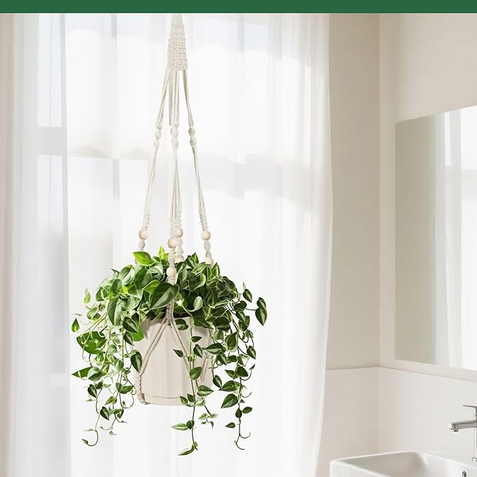 Macrame Plant Hanger, Hanging Planter Basket with Wood Beads, Decorative Boho Flower Pot Holder for Indoor and Outdoor, Ivory, 35 Inch Set of 2 (POTS NOT Included)
