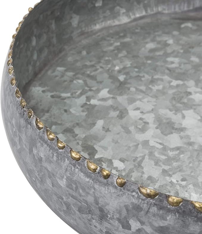 MyGift 11-inch Galvanized Silver Metal Round Planter Bowl with Brass-Tone Pebbled Rim - Handcrafted in India
