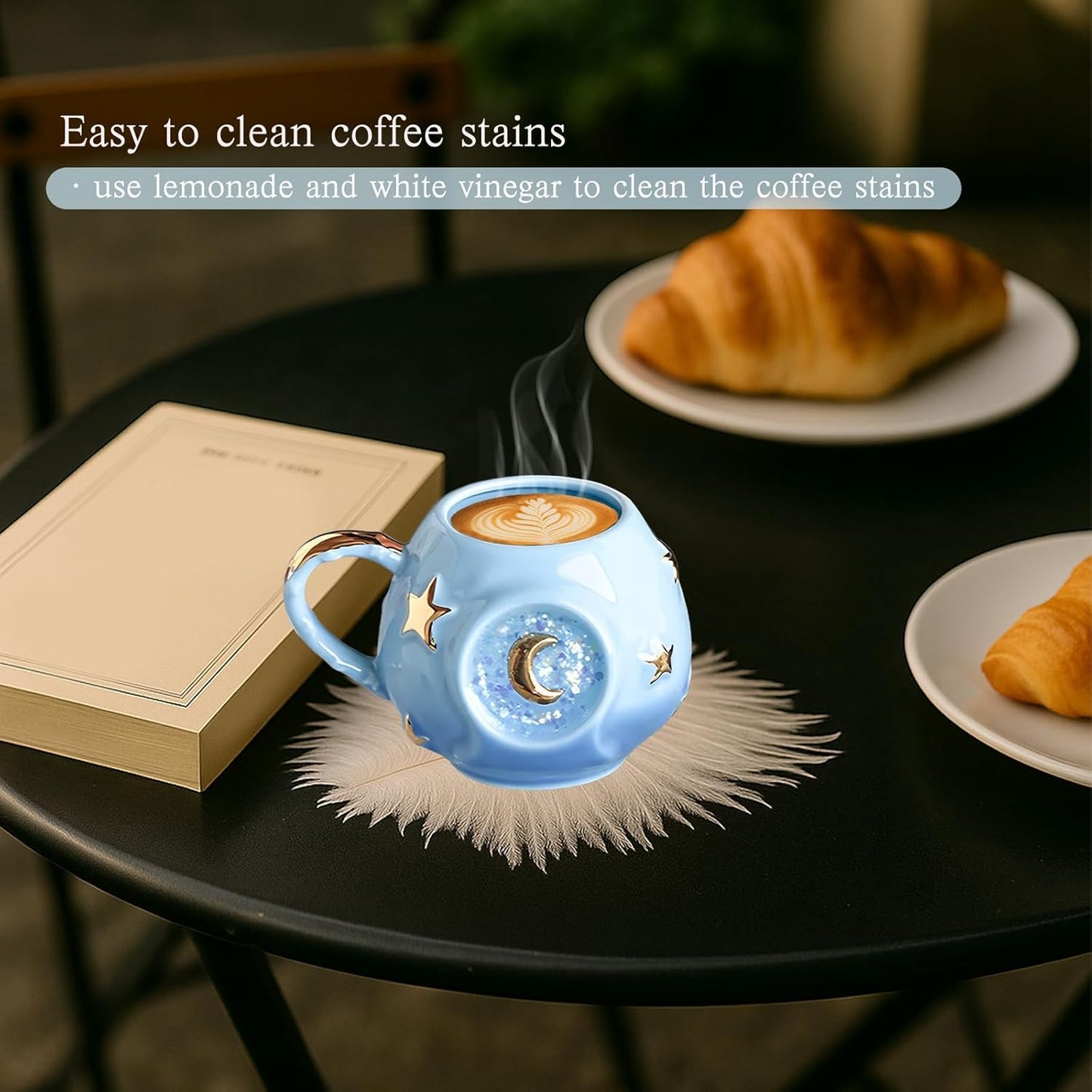 Handmade Coffee Cup 400ML with Fancy Tarot Star/Moon Design, Fashion Starry Sky Ice Coffee Cup, Gradient Pink Pottery Tea Cup for Home/Office (blue)