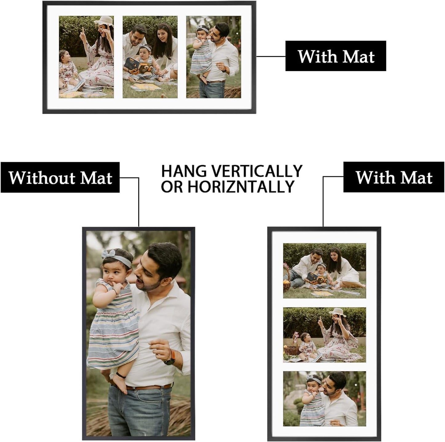 Frametory - 7x14 Aluminum Collage Picture Frame - Display 4x6 Pictures with 3 Openings Mat - Real Glass Front - Horizontal/Vertical Wall Mount - Black 1 Pack