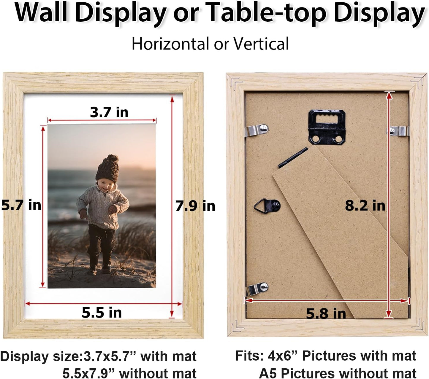 KINLINK A5 Picture Frame Natural, Solid Wood Frames with Acrylic Plexiglass for Pictures 4x6 with Mat or A5 without Mat, Tabletop and Wall Mounting Display, Set of 4
