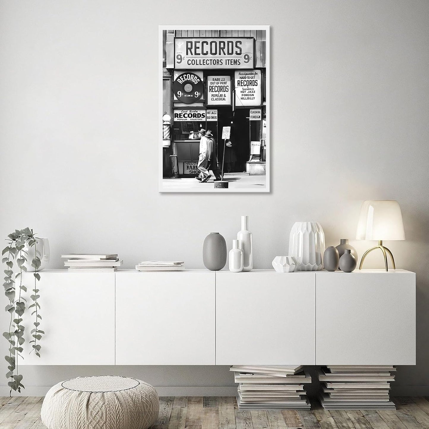 Fashion Black And White Photography Wall Art Vintage Preppy Record Shop Poster Retro Trendy Music Art Aesthetic Canvas Print for Music Lovers Gifts 20x30in Framed