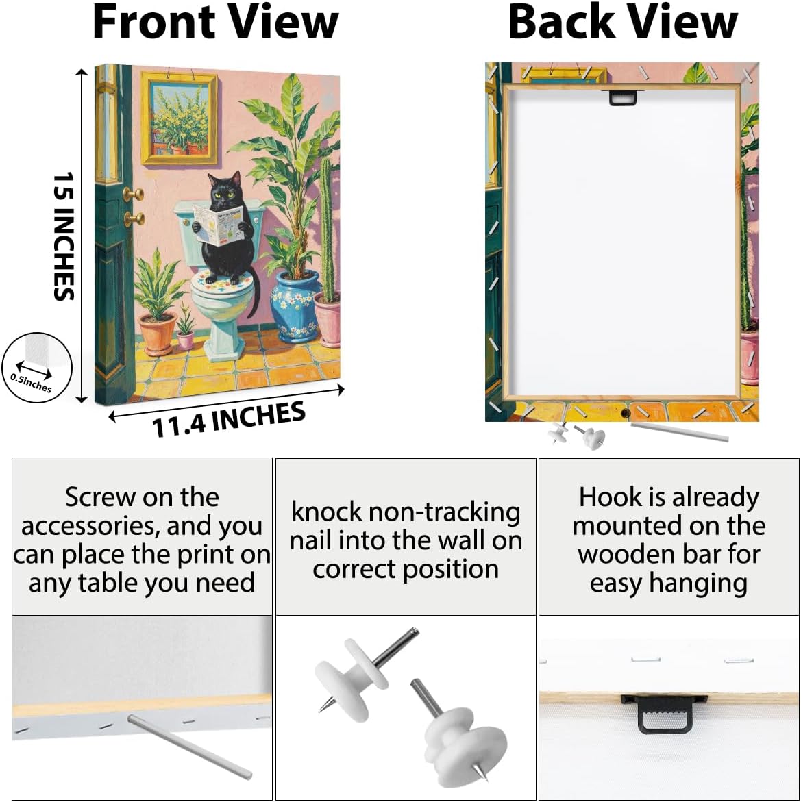 Funny Cat on Toilet Paintings Wall Art, Cat Lover Gifts, Botanical Wallpaper Canvas Framed Prints Modern Decorations, Pink Cute Poster for Living Room Bathroom Entryway Book Shelf Farmhouse