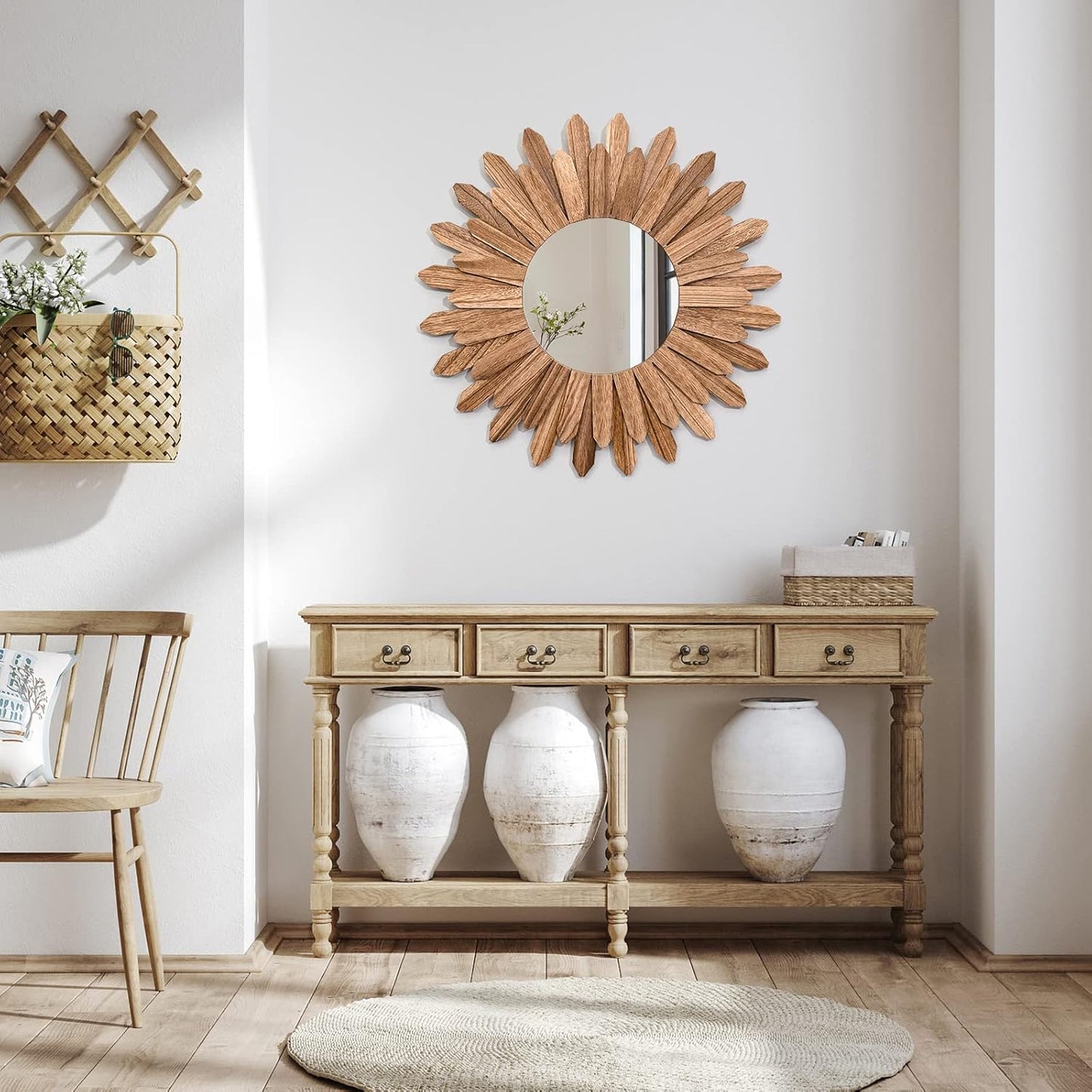 Emfogo Wall Mirror 21 inch Rustic Wood Farmhouse Mirror Sunburst Boho Mirror Wall Decor Room Decor Home Aesthetic Decor for Bedroom Living Room Entryway (Carbonized Black)