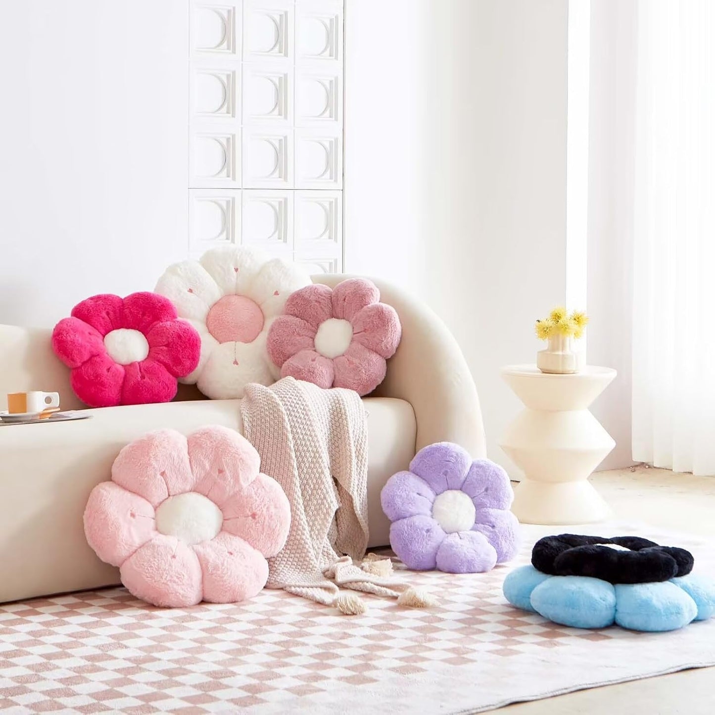 Flower Pillow, Cute Flower Shaped Decorative Pillow, Soft Rabbit Fur Daisy Pillow Home Decor Floor Seating Cushion for Bedroom Living Room (Blue2 19.6 Inch)