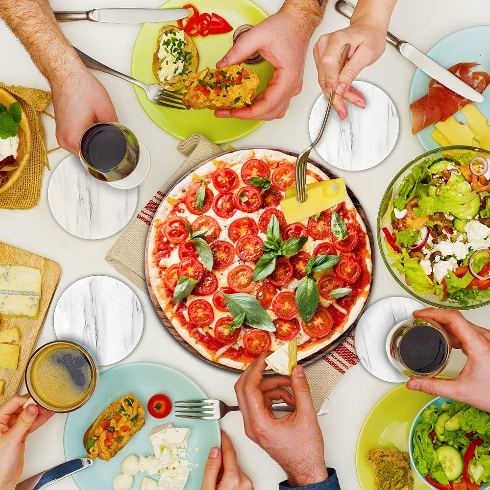 EAGMAK Set of 8 Coasters for Drinks, Absorbent Marble Style Ceramic Drink Coaster with Holder for Coffee Wooden Table Home Decor (White)