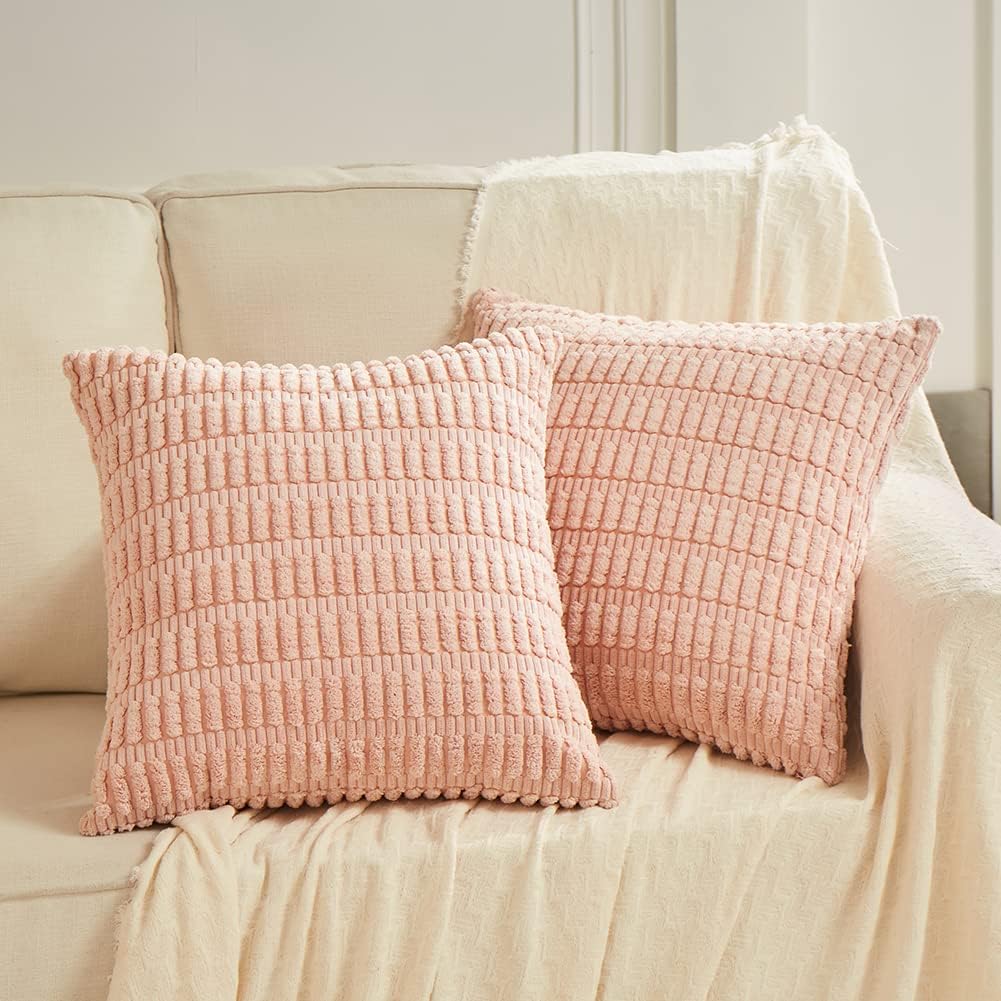 Fancy Homi 4 Packs Boho Pink Decorative Throw Pillow Covers 14x14 Inch for Living Room Couch Bed Sofa, Rustic Modern Farmhouse Home Decor, Soft Plush Corduroy Cute Square Cushion Case 35x35 cm