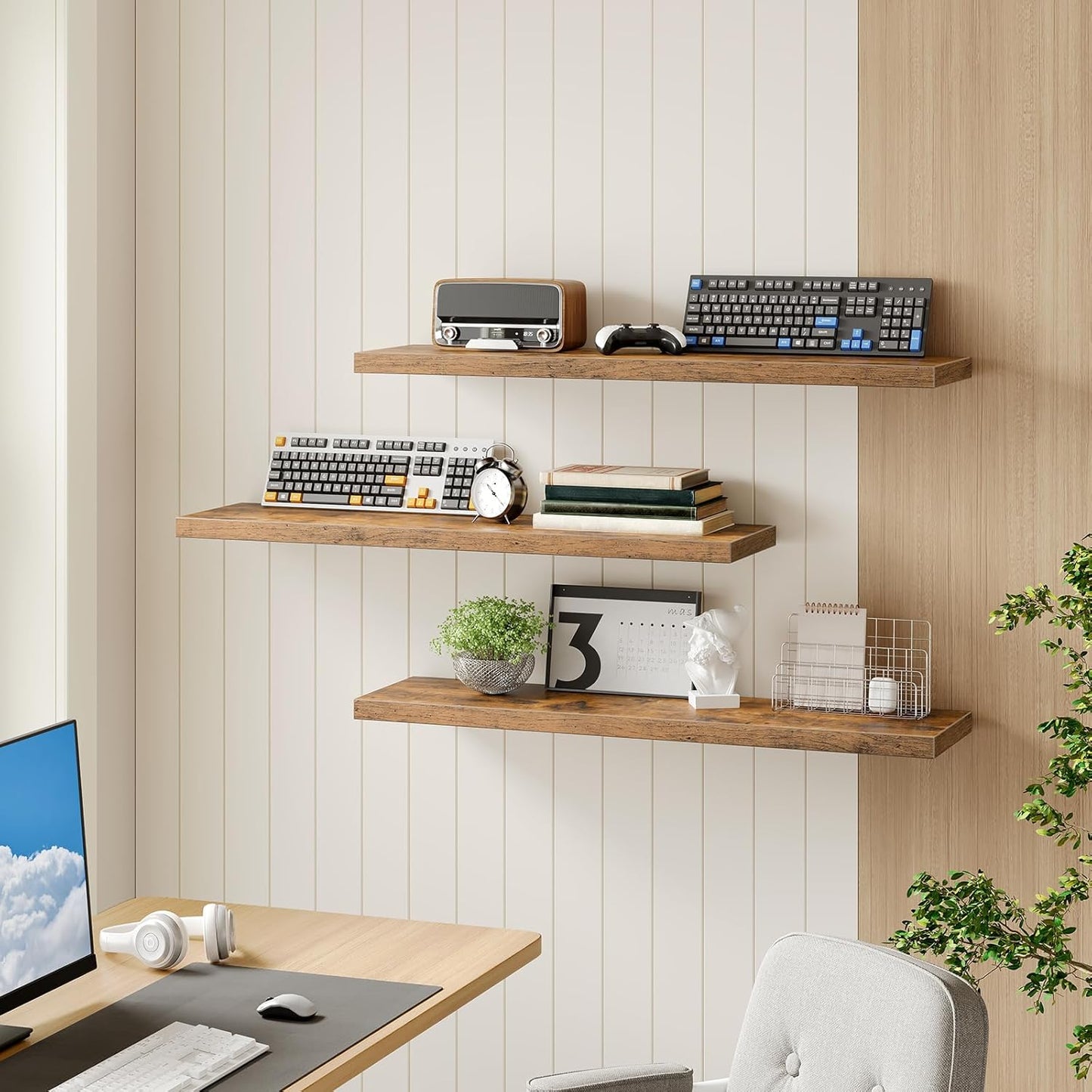 Floating Shelves for Wall, 1.5" Thick Wall Shelf Set of 3 with Invisible Bracket, L39.4 x W7.9 Hanging Shelves Farmhouse Home Decor for Bathroom, Living Room, Bedroom Rustic Brown 10301BJP3BF