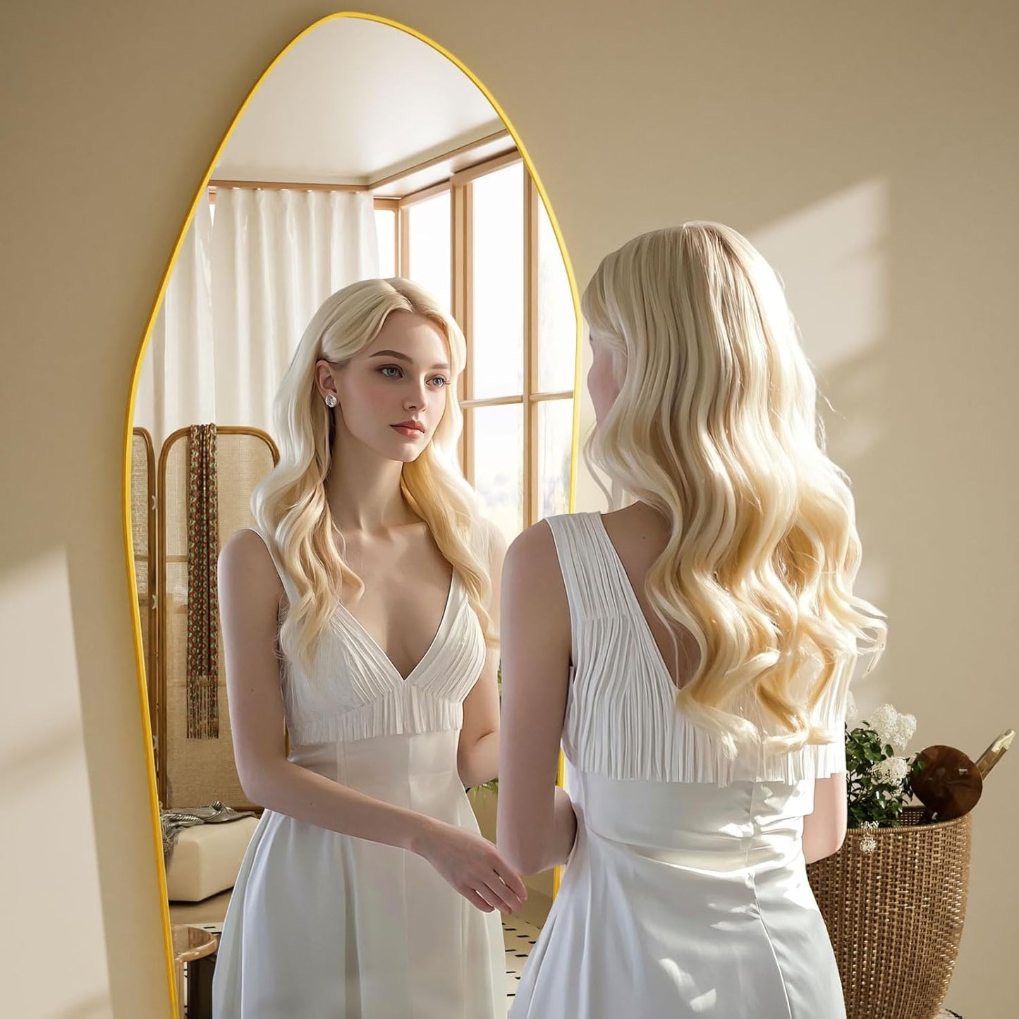 Full Length Floor Mirror - 76"x34" Aluminum Frame Irregular Diamond Shaped Standing Leaning Hanging for Bedroom Living Room Cloakroom Decor Large Mirror Gold