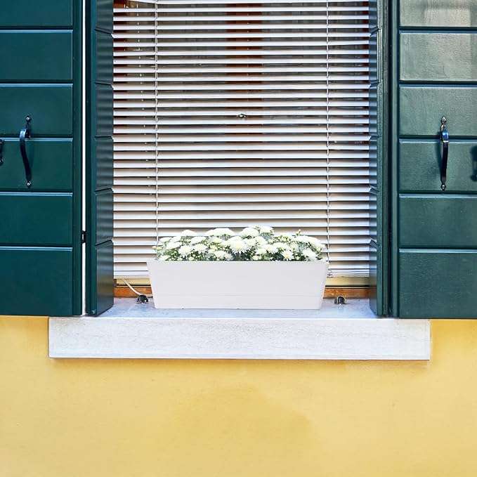 GREANER Herb Planter with Tray, 1 Pack 12x3.8 Inch Rectangle Window Box, Indoor Succulent Flowers Succulent Plastic Pot for Windowsill, Garden, Balcony, Office Outdoor Decoration - White