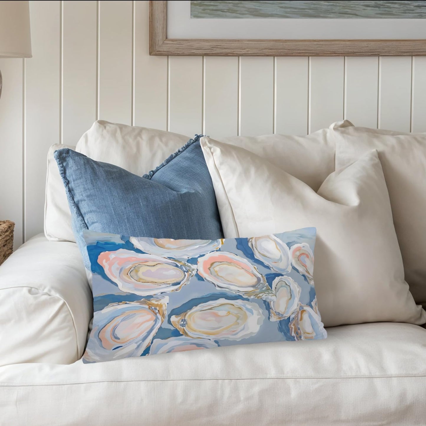 Coastal Beach Room Decor 12x20 Pillow Cover, Coastal Beach Blue Oysters Shell Decorative Lumbar Pillow Covers for Bedroom Living Room Home Dorm Sofa Couch