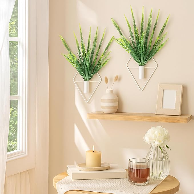 2 Pieces Wall Decor Hanging Planters with Artificial Plants Metal Hanging Vase Indoor Plants Holder Modern Boho Wall Art for Bathroom Bedroom Living Room Decor (White,Boston Fern)