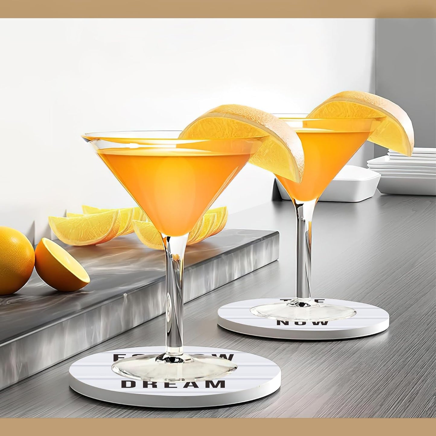 Coasters Set with Holder, 6 Pcs Motivation Quote Absorbent Ceramic Drink Pads, Non-Slip Table Protectors for Coffee & Glasses