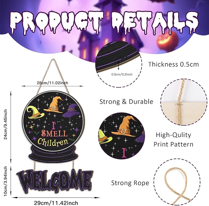 Welcome Halloween Door Sign,I Smell Children Sign,Hocus Pocus Halloween Decoration,Witches Door Decor Magic,Purple Crystal Ball Witches Wall Decor for Outdoor Indoor Home Porch Yard Party