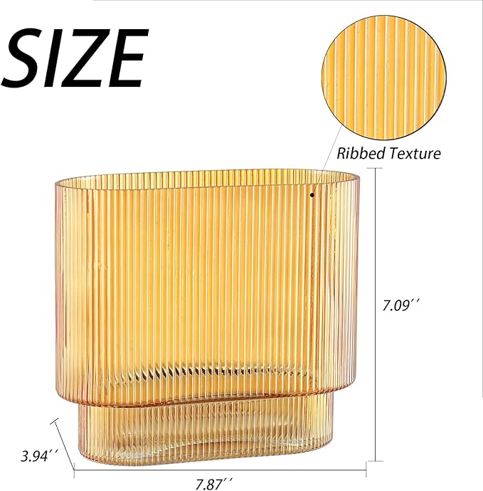 Ribbed Glass Vase, Amber Glass Vase, Fluted Short Vases for Flowers, Modern Vases for Living Room, Dining Room, Bathroom, Desk, Shelf, Wedding, Office, 7 Inches