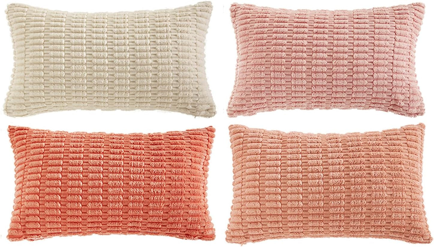Fancy Homi 4 Packs Blush Pink Boho Lumbar Decorative Throw Pillow Covers 12x20 Inch for Couch Bed Sofa, Soft Striped Corduroy Rectangle Light Pink Coral Peach Cream Accent Cushion Case 30x50 cm
