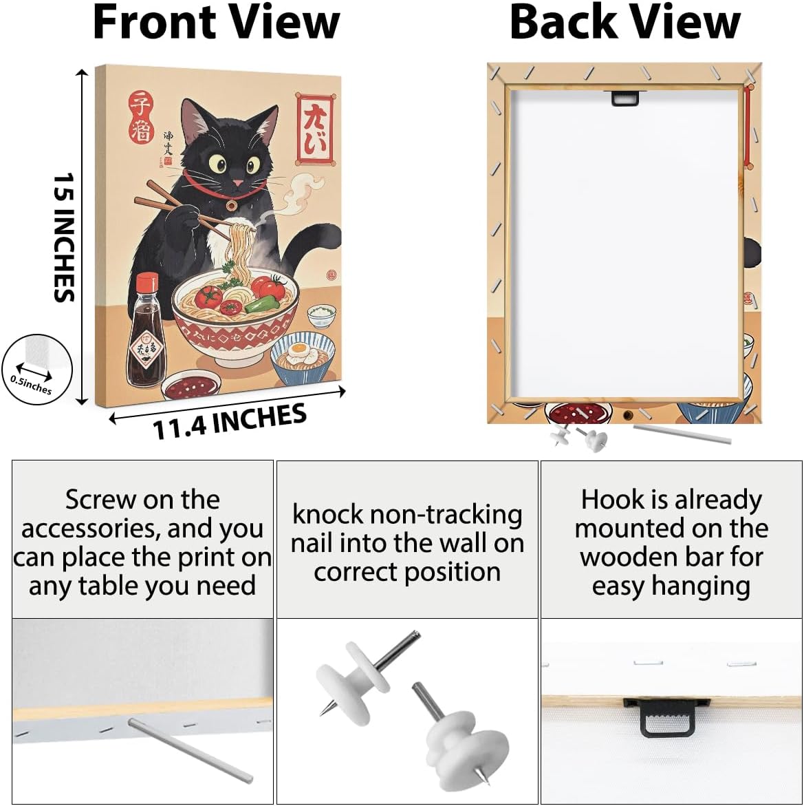 HZMLYDJ Cute Japanese Cat Canvas Wall Art, Quirky Cats Eating Ramen Posters Trendy paintings Wall Art Decor, Aesthetic Canvas Decoration Artwork for Walls Home Living Room Kitchen Dining Room Decor